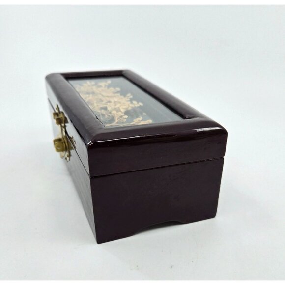 Vintage wood Asian Laquered Jewelry Box With Intricate 3D Bamboo Art Design & Gl - Picture 5 of 9